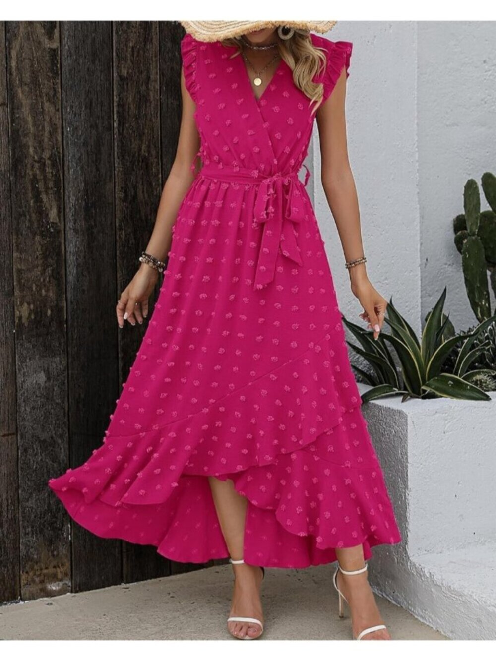Womens Rose Red Swiss Dot Cap Sleeve V Neck Tie Waist Imported Causal Maxi Dress - Picture 3 of 6